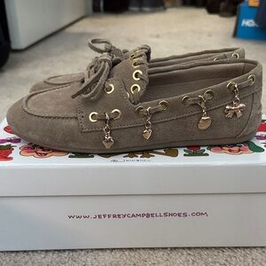 Jeffrey Campbell Taupe Suede Loafers with Gold Charm Accents